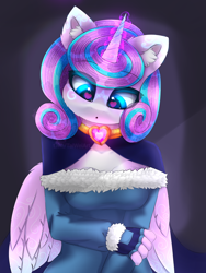 Size: 2500x3333 | Tagged: safe, artist:taiweiart, imported from derpibooru, princess flurry heart, alicorn, anthro, crystal pony, pony, blue eyes, chest fluff, crystal, dark background, ear fluff, empress, fluffy, glowing, glowing eyes, glowing horn, glowing mane, heart, heart eyes, horn, love, magic, princess, purple hair, purple mane, queen, solo, wingding eyes, wings