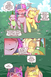 Size: 960x1440 | Tagged: safe, artist:cold-blooded-twilight translation, edit, imported from derpibooru, fluttershy, spike, twilight sparkle, oc, dragon, pegasus, pony, unicorn, cold blooded twilight, comic:cold storm (ru), blushing, bush, comic, cyrillic, dialogue, emanata, eyes closed, fangs, female, flower, flower in hair, horn, long eyelashes, male, mare, open mouth, open smile, outdoors, russian, shivering, smiling, speech bubble, sweat, translation, translator:agent00k0t, unicorn twilight