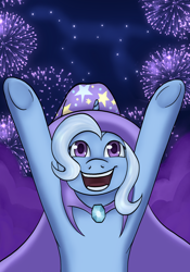 Size: 1668x2388 | Tagged: safe, artist:theedgyduck, derpibooru exclusive, imported from derpibooru, part of a set, trixie, pony, unicorn, series:leechlord draws every episode, boast busters, arms in the air, brooch, cape, clothes, constellation, female, fireworks, hat, horn, jewelry, magician outfit, mare, my little pony, night, part of a series, smiling, solo, trixie's brooch, trixie's cape, trixie's hat