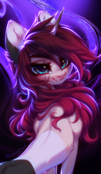 Size: 1250x2148 | Tagged: safe, artist:shenki, imported from derpibooru, oc, oc only, oc:fire spark, pony, unicorn, abstract background, back fluff, colored, concave belly, ear fluff, fangs, female, horn, looking at you, looking back, looking back at you, mare, rear view, shading, shiny eyes, signature, slender, solo, spine, thin, turned head