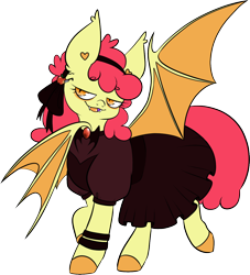 Size: 1116x1230 | Tagged: safe, artist:isaacbloom, imported from derpibooru, apple bloom, bat pony, pony, undead, vampire, bat ponified, bloombat, clothes, dress, eyeliner, fangs, female, filly, foal, makeup, race swap, simple background, solo, transparent background