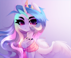 Size: 3192x2615 | Tagged: safe, artist:shenki, imported from derpibooru, princess celestia, alicorn, pony, chest fluff, collar, cute, female, high res, looking at you, mare, redraw, simple background, solo