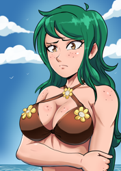 Size: 2894x4093 | Tagged: safe, artist:symptom99, imported from derpibooru, wallflower blush, human, equestria girls, bikini, boob freckles, breasts, busty wallflower blush, chest freckles, clothes, female, freckles, high res, human coloration, outdoors, shoulder freckles, solo, swimsuit