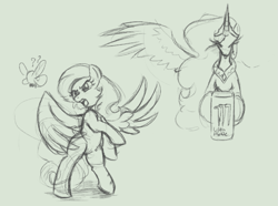 Size: 1381x1026 | Tagged: safe, artist:lillslim, imported from derpibooru, princess celestia, oc, unnamed oc, alicorn, parasprite, pegasus, pony, angry, drink, energy drink, monster energy, open mouth, pegasus oc, question mark, rearing, sketch, wings