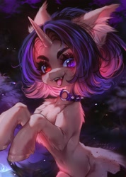 Size: 2917x4096 | Tagged: safe, artist:shenki, imported from derpibooru, oc, oc only, pony, unicorn, chest fluff, choker, ear piercing, earring, female, heart, heart eyes, heterochromia, horn, jewelry, mare, piercing, solo, spiked choker, tongue out, wingding eyes