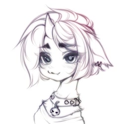 Size: 1700x1700 | Tagged: safe, artist:shenki, imported from derpibooru, oc, oc only, pony, unicorn, blushing, choker, clothes, eye clipping through hair, eyebrows, eyebrows visible through hair, female, horn, simple background, sketch, snaggletooth, solo, spiked choker, white background