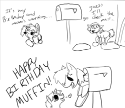 Size: 984x856 | Tagged: artist needed, safe, imported from derpibooru, derpy hooves, dinky hooves, pegasus, pony, unicorn, crying, derpy inside a mailbox, duo, duo female, equestria's best mailmare, equestria's best mother, female, floating heart, happy birthday, heart, horn, mailbox, monochrome, open mouth, open smile, simple background, smiling, tears of joy, white background