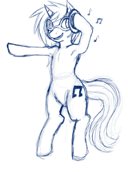 Size: 952x1280 | Tagged: safe, imported from derpibooru, dj pon-3, vinyl scratch, pony, unicorn, armpits, belly, bipedal, female, headphones, horn, mare, monochrome, music notes, skech, sketch, solo, vinyl's glasses