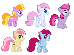 Size: 1024x768 | Tagged: safe, artist:kharmacal, imported from derpibooru, apple sprout, cottonbelle, lullaby moon, sunny daze, earth pony, pegasus, pony, unicorn, female, filly, foal, horn, lily (g4), simple background, transparent background, two toned hair