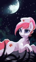 Size: 2260x3840 | Tagged: safe, artist:hierozaki, imported from derpibooru, nurse redheart, earth pony, pony, beautiful, female, full moon, grass, grin, high res, lying down, mare, moon, night, outdoors, prone, smiling, solo, starry night