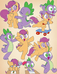 Size: 1531x1988 | Tagged: safe, artist:furseiseki, imported from derpibooru, apple bloom, cheerilee, scootaloo, spike, sweetie belle, oc, oc:emziko, earth pony, pegasus, pony, unicorn, big fat meanie, cute, cutie mark crusaders, female, horn, male, reference, scootaspike, shipping, spongebob reference, spongebob squarepants, straight