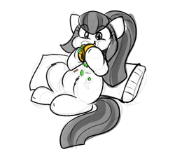 Size: 893x785 | Tagged: safe, artist:zutcha, imported from derpibooru, sonata dusk, earth pony, pony, cute, earth pony sonata dusk, eating, equestria girls ponified, food, grayscale, hoof hold, messy eating, monochrome, partial color, pillow, ponified, simple background, sitting, sketch, solo, sonatabetes, sonataco, taco, white background