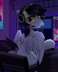 Size: 1716x2120 | Tagged: safe, artist:sonigiraldo, imported from derpibooru, oc, oc only, oc:silver moon, pegasus, pony, pony town, beautiful, blushing, butt, commission, cute, discord (program), dock, female, gamer, headset, indoors, looking at you, looking back, looking back at you, mare, pc, pegasus oc, plot, sitting, solo, tail, wings, ych result