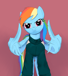 Size: 3777x4256 | Tagged: safe, artist:lillslim, imported from derpibooru, rainbow dash, pegasus, pony, angry, clothes, drawthread, feather fingers, hand wings, looking at you, middle feather, middle finger, requested art, squid game, squid game 2, vulgar, wing hands, wings