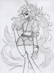 Size: 945x1280 | Tagged: safe, artist:raychelrage, imported from derpibooru, oc, oc only, oc:rachel rage, anthro, pegasus, clothes, female, hoof on hip, midriff, monochrome, solo, traditional art, unshorn fetlocks, watch