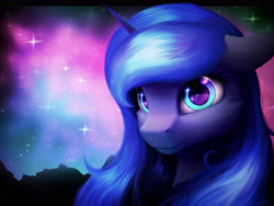 Size: 4000x3000 | Tagged: safe, artist:itssim, imported from derpibooru, princess luna, alicorn, pony, bust, eye reflection, female, floppy ears, horn, light, looking at you, mare, night, portrait, reflection, smiling, smiling at you, solo, sparkles, stars, three quarter view