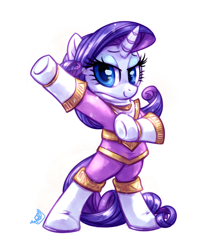 Size: 2000x2300 | Tagged: safe, artist:whitediamonds, imported from derpibooru, rarity, pony, unicorn, bedroom eyes, bipedal, chouriki sentai ohranger, clothes, crossover, eyeshadow, female, horn, looking at you, makeup, mare, power rangers, power rangers zeo, purple ranger, smiling, smiling at you, solo, super sentai