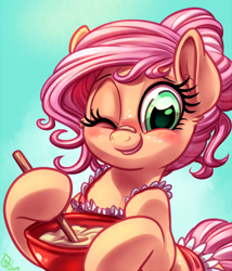 Size: 1800x2100 | Tagged: safe, artist:whitediamonds, imported from derpibooru, oc, oc only, oc:claire, earth pony, pony, apron, batter, bowl, clothes, female, food, freckles, looking at you, mare, mixing bowl, one eye closed, smiling, smiling at you, solo, wink, winking at you