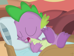 Size: 3518x2708 | Tagged: safe, artist:porygon2z, imported from derpibooru, spike, cute, eyes closed, feet, feet up, foot focus, golden oaks library, pillow, sleeping, sleepy, snoring, solo, spikabetes, spike's bed