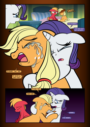 Size: 1920x2715 | Tagged: safe, artist:alexdti, imported from derpibooru, applejack, big macintosh, rarity, pony, comic:how we met, bed, colt big macintosh, crying, depressed, depressing, depression, female, filly, filly applejack, filly rarity, male, sad, tears of pain, younger