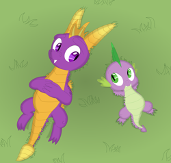 Size: 3545x3375 | Tagged: safe, artist:porygon2z, imported from derpibooru, spike, crossover, cute, duo, grass, hands behind back, hands on chest, looking at each other, looking at someone, lying down, on back, smiling, smiling at each other, spikabetes, spyro the dragon, spyro the dragon (series)