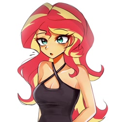 Size: 1235x1280 | Tagged: safe, artist:pulse, imported from derpibooru, sunset shimmer, human, equestria girls, bare shoulders, blue eyes, boob window, breasts, cleavage, clothes, collarbone, dress, female, long hair, open mouth, simple background, sleeveless, sleeveless dress, slender, solo, thin, two toned hair