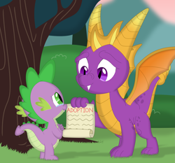 Size: 3527x3290 | Tagged: safe, artist:porygon2z, imported from derpibooru, spike, dragon, adoption, butt, contract, crossover, cute, daaaaaaaaaaaw, forest background, heartwarming, male, paper, scroll, spyro the dragon, spyro the dragon (series), tree