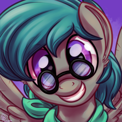 Size: 1800x1800 | Tagged: safe, artist:whitediamonds, imported from derpibooru, oc, oc only, oc:vanguard velocity, pegasus, pony, bust, clothes, commission, glasses, looking at you, male, portrait, scarf, smiling, smiling at you, solo, spread wings, stallion, wings