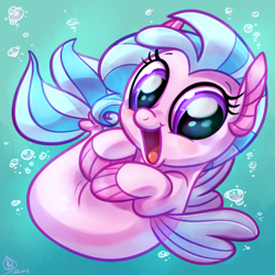 Size: 1800x1800 | Tagged: safe, artist:whitediamonds, imported from derpibooru, silverstream, seapony (g4), baby, baby seapony (g4), bubble, chibi, cute, diastreamies, female, fin wings, fins, happy, looking at you, open mouth, open smile, seapony silverstream, smiling, smiling at you, solo, underwater, water, weapons-grade cute, wings