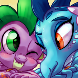 Size: 1800x1800 | Tagged: safe, artist:whitediamonds, imported from derpibooru, princess ember, spike, dragon, blushing, commission, cute, dragoness, duo, duo male and female, emberspike, female, jewelry, looking at each other, looking at someone, male, married, married couple, one eye closed, ring, shipping, spikabetes, straight, wedding ring, wink