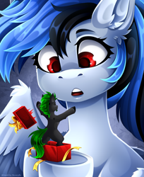 Size: 1323x1625 | Tagged: safe, artist:buvanybu, imported from derpibooru, oc, oc only, earth pony, pegasus, pony, bipedal, duo, macro/micro, present