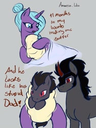 Size: 1620x2160 | Tagged: safe, artist:amanecerlobo, idw, imported from derpibooru, king sombra, radiant hope, pony, unicorn, baby, female, hopebra, horn, male, meme, nine months in my womb making me suffer, shipping, straight