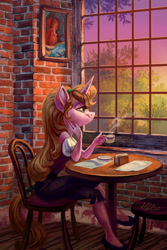 Size: 1181x1771 | Tagged: dead source, safe, artist:holivi, imported from derpibooru, oc, oc only, anthro, unicorn, anthro oc, chair, clothes, coffee, coffee cup, commission, cottagecore, cup, drink, female, horn, indoors, looking out the window, pants, shirt, shoes, signature, sitting, smiling, solo, table, tree, window