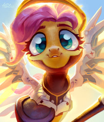 Size: 2343x2756 | Tagged: dead source, safe, artist:holivi, imported from derpibooru, fluttershy, pony, crossover, female, high res, looking at you, mare, mercy, mercyshy, outstretched hoof, overwatch, smiling, solo