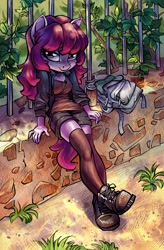 Size: 1653x2522 | Tagged: dead source, safe, artist:holivi, imported from derpibooru, oc, oc only, oc:share dast, anthro, plantigrade anthro, backpack, boots, breasts, clothes, crossed legs, fence, gift art, leg focus, legs, looking at you, shoes, shorts, sitting, socks, solo, thigh highs