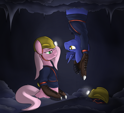 Size: 2400x2191 | Tagged: safe, artist:avastmb, imported from derpibooru, oc, oc only, oc:cobalt, oc:peach blossom, pony, cave, duo, duo male and female, fanfic art, female, headlamp, helmet, light, looking at each other, looking at someone, male, smiling, spelunking, stuck, upside down