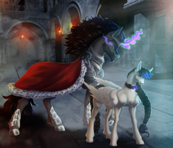 Size: 2926x2500 | Tagged: safe, artist:universalevil, imported from derpibooru, king sombra, oc, pegasus, unicorn, castle, commission, duo, horn