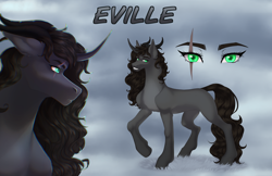 Size: 4688x3031 | Tagged: safe, artist:universalevil, imported from derpibooru, oc, oc only, unicorn, absurd resolution, curly hair, eye scar, facial scar, horn, long hair, looking at you, multiple horns, raised hoof, reference sheet, scar, smiling, smiling at you, solo