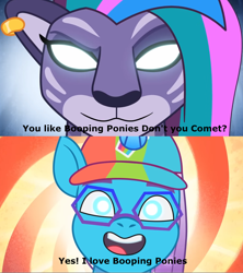 Size: 1920x2160 | Tagged: safe, derpibooru exclusive, edit, edited screencap, editor:redholm, imported from derpibooru, screencap, big cat, leopard, leak, spoiler:g5, spoiler:my little pony: tell your tale, allura, auroricorn, comet (g5), female, g5, glasses, hypnosis, hypnotized, male, meme, mind control, my little pony: tell your tale, rainbows rollercoasters and the hopalottas