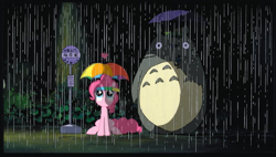 Size: 1001x569 | Tagged: safe, edit, edited screencap, imported from derpibooru, screencap, pinkie pie, earth pony, hat, my neighbor totoro, rain, totoro, umbrella, umbrella hat