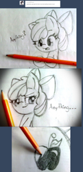 Size: 1280x2646 | Tagged: safe, artist:arielsbx, imported from derpibooru, apple bloom, pony, ask little applebloom, fourth wall, monochrome, pencil, traditional art