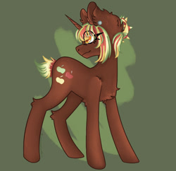 Size: 828x802 | Tagged: safe, artist:libbylooportriats, oc, oc only, oc:pomm, pony, unicorn, bangs, brown coat, cutie mark, female, green mane, mare, orange eyes, photo, red mane, short tail, simple background, solo, space buns, tied mane, tricolor mane, yellow mane