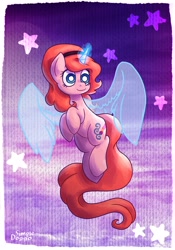 Size: 2100x3000 | Tagged: safe, artist:simpledoggo, imported from derpibooru, oc, oc only, oc:dazha, pony, unicorn, artificial wings, augmented, blue eyes, cute, draw this in your style, female, female oc, flying, glowing, glowing horn, hairband, horn, in the sky, long tail, magic, magic aura, magic wings, mare, mare oc, night, night sky, ocbetes, orange hair, orange mane, orange tail, passepartout, pony oc, sky, smiling, solo, stars, tail, transparent wings, unicorn oc, wings