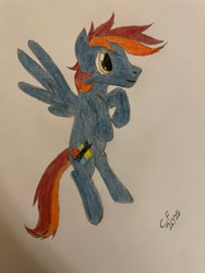 Size: 3024x4032 | Tagged: safe, artist:celestialflare, derpibooru exclusive, imported from derpibooru, oc, oc only, oc:firewire, pegasus, pony, simple background, smiling, solo, traditional art, white background