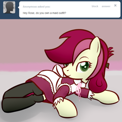 Size: 650x650 | Tagged: safe, imported from derpibooru, roseluck, earth pony, ask, clothes, female, maid, seductive pose, socks, solo, solo female, tumblr