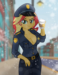 Size: 5500x7104 | Tagged: safe, artist:emeraldblast63, imported from derpibooru, sunset shimmer, human, equestria girls, breasts, cleavage, clothes, coffee, lens flare, looking at you, police uniform, smiling, solo