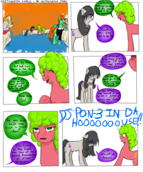 Size: 1000x1200 | Tagged: safe, artist:hewhoerasesmost, imported from derpibooru, dj pon-3, octavia melody, vinyl scratch, oc, comic:beethoven virus, comic, female, lesbian, male, punch (drink), punch bowl, scratchtavia, shipping, speech bubble