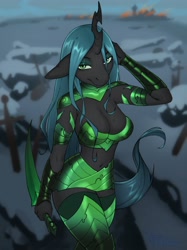 Size: 2048x2732 | Tagged: safe, artist:erival, imported from derpibooru, queen chrysalis, anthro, changeling, changeling queen, armor, blade, breasts, cleavage, clothes, female, looking at you, socks, solo, thigh highs, weapon