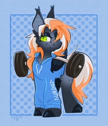 Size: 1698x1973 | Tagged: safe, artist:ezzerie, imported from derpibooru, oc, oc only, bat pony, pony, bat pony oc, bat wings, clothes, female, freckles, hoodie, lidded eyes, mare, solo, weights, wings