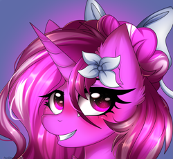 Size: 2639x2428 | Tagged: safe, artist:2pandita, imported from derpibooru, oc, oc:cherry blossom, pony, unicorn, bow, bust, female, flower, flower in hair, hair bow, horn, mare, portrait, solo